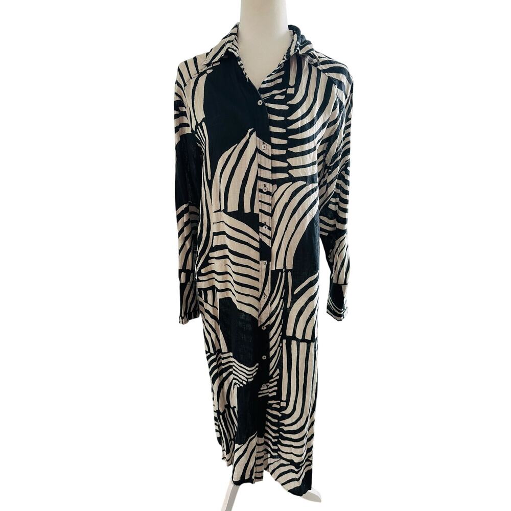 H&M Linen Midi Dress Button Front Black Tan Geo Long Sleeve Resort Wear XS